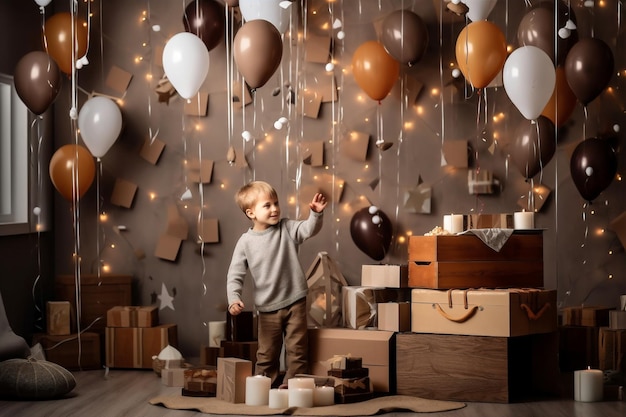 Menino infância aniversário festa infantil balão fofo garoto azul IA generativa