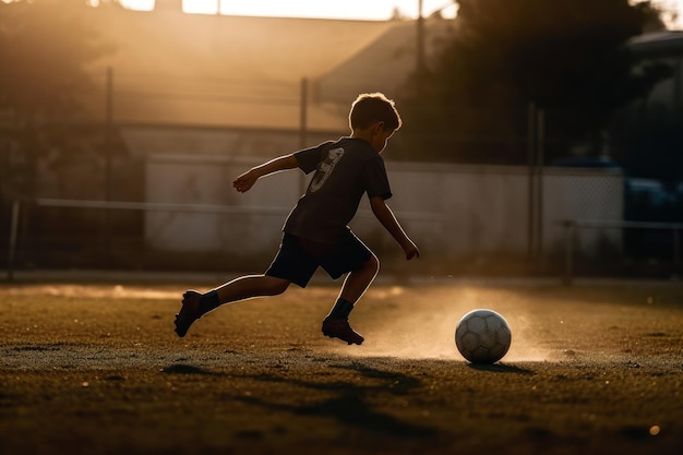 Menino joga futebol ao pôr do sol Gerar Ai