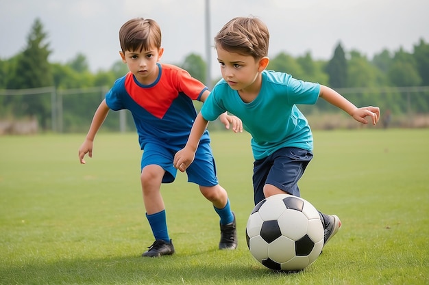 Foto menino jogando bola menino jogando futebol criança vai bater a bola criança vai marcar gols meninos jogam futebol