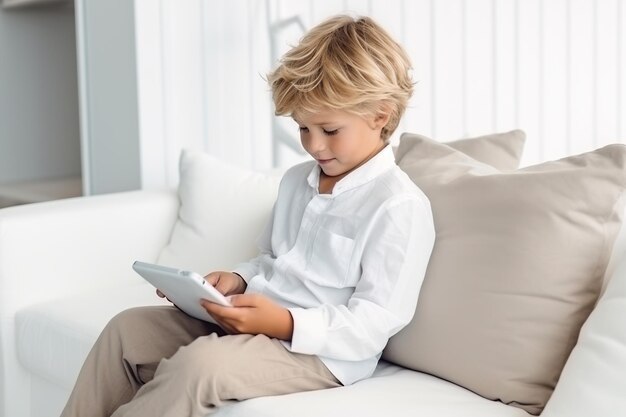 Menino jogando um jogo no tablet e sentado no sofá