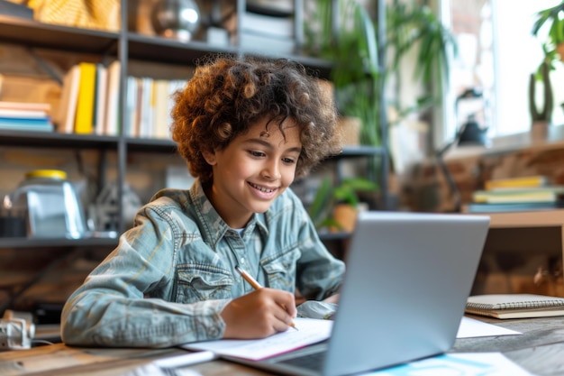 Foto menino latino sorridente estudando com um computador portátil menino adolescente sentado em sua mesa e escrevendo em um caderno