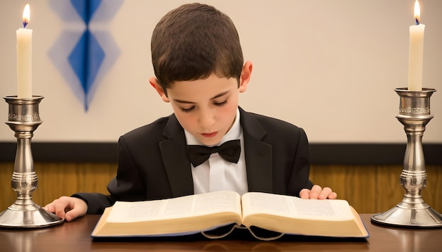 Foto menino lendo a torá judaica