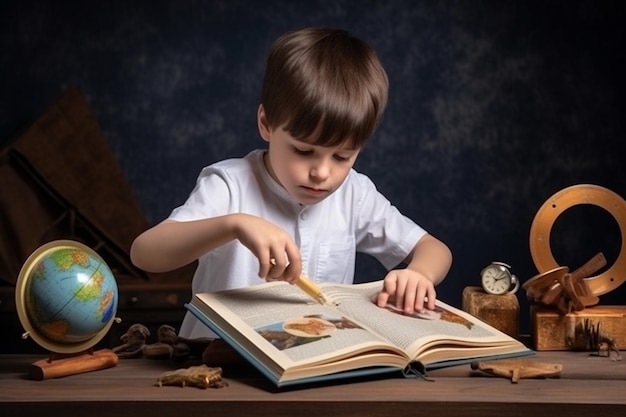 Menino lendo livro com objetos de educação