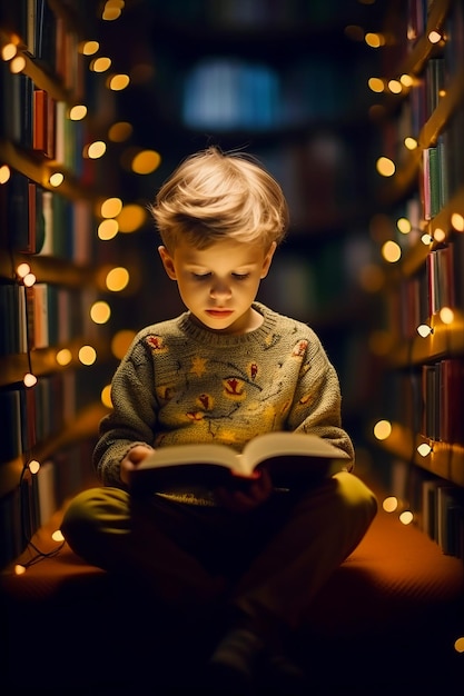 Menino lendo livro em frente a uma estante cheia de livros IA generativa