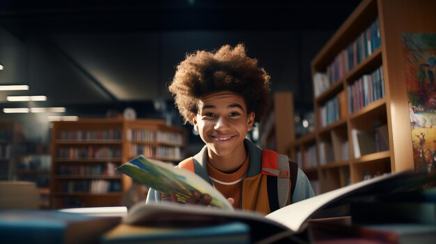 Foto menino lendo livro na biblioteca curiosidade educação conhecimento alfabetização criança aprendizagem estudo inteligência hábito de leitura biblioteca visita dia mundial do livro