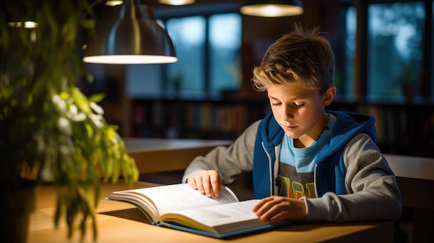 Menino lendo um livro com um marcador