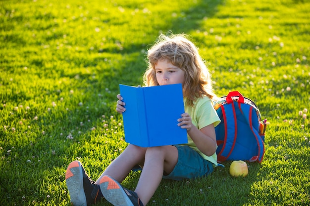 Menino lendo um livro na luz do sol de verão