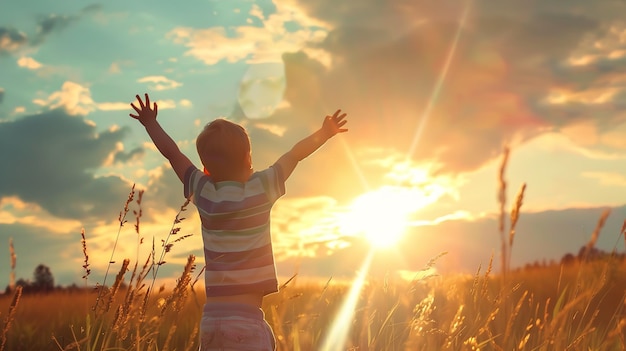 Menino levantando as mãos sobre o céu ao pôr-do-sol desfrutando da vida e da natureza Menino feliz na soma IA geradora