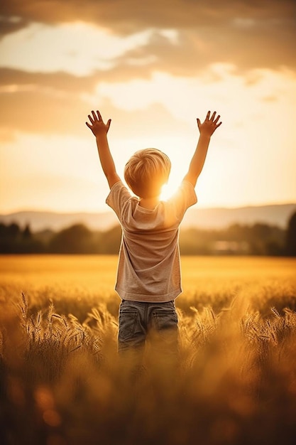 Foto menino levantando as mãos sobre o pôr-do-sol