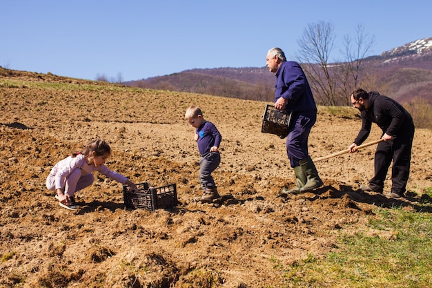 Menino loiro bonitinho ajudando sua família a plantar batatas no início da primavera Trabalhos agrícolas na fazenda no alto das montanhas Bonito pico de montanha nevada em um fundo