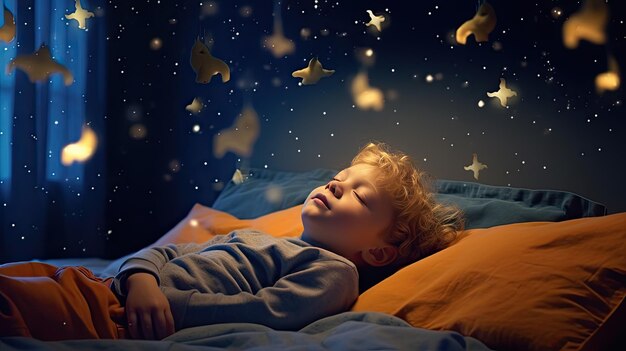 Foto menino loiro dormindo em uma cama com estrelas brilhantes ia gerativa