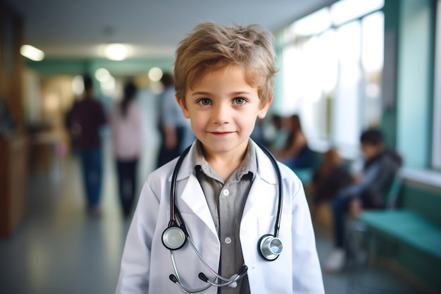 Menino médico segurando um estetoscópio no hospital para o Dia Mundial do Diabetes