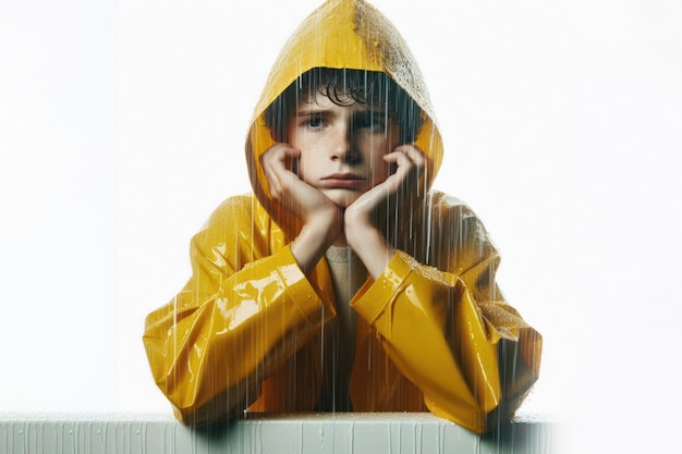 Foto menino melancólico com casaco amarelo sob a chuva isolado em fundo branco