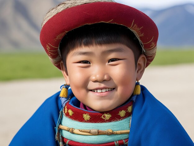 Foto menino mongol orgulhoso com um leve sorriso