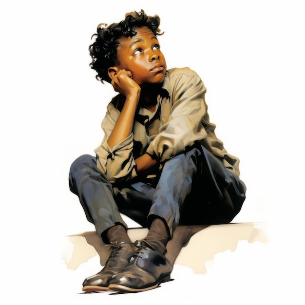 Menino negro em pensamento e dúvidas representam ilustração retrô de cor suave Jovem personagem masculino com rosto sonhador em fundo abstrato Ai gerou pôster vintage brilhante