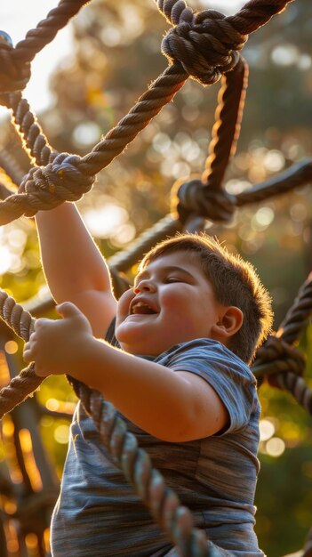 Menino no parque de aventuras, cordas, atividade infantil, jogos ativos e saudáveis ao ar livre