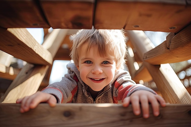 Foto menino no playground de madeira