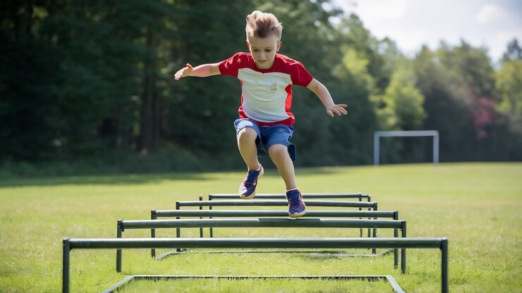 Foto menino no treinamento de verão de manhã cedo pulando sobre trammels no campo de treinamento