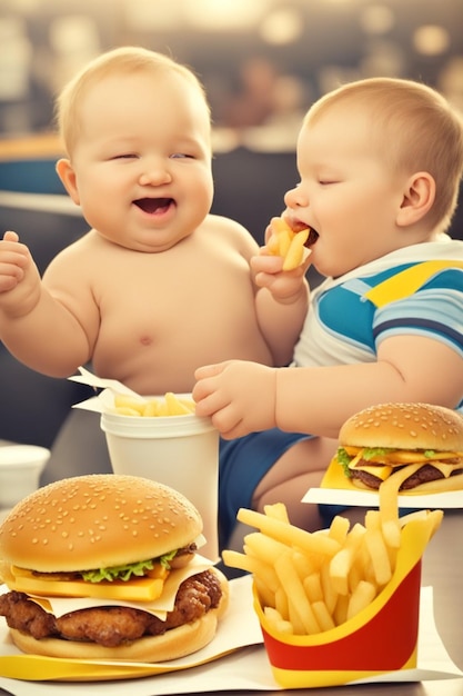 menino obeso comendo hambúrguer de fast food batatas fritas ilustração do conceito de alimentação pouco saudável