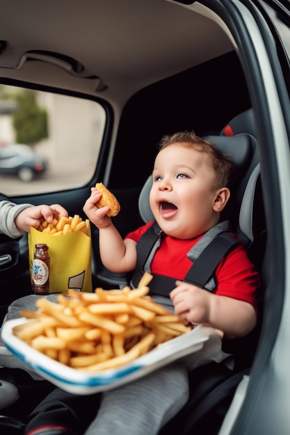 menino obeso comendo hambúrguer de fast food batatas fritas ilustração do conceito de alimentação pouco saudável