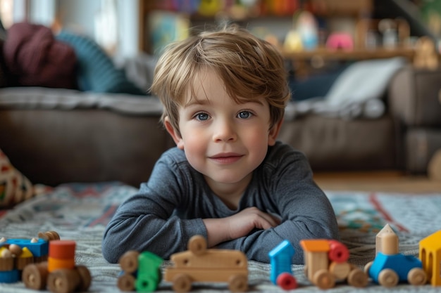 Menino olhando para a câmera enquanto brinca com brinquedos de madeira em casa na sala de estar