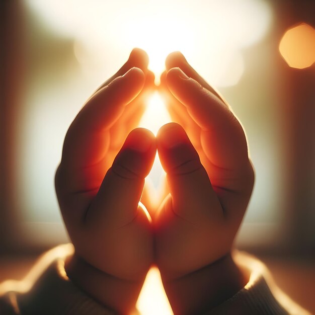 Foto menino orando pacificamente em suave luz da manhã dentro de casa