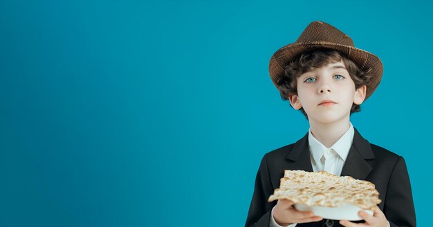 Foto menino ortodoxo judeu segurando um prato de matzah para a páscoa em um fundo azul