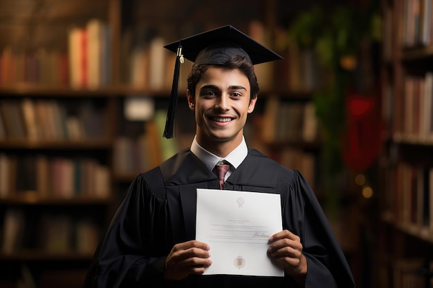 Menino ou homem indiano que se formou no ensino médio ou na faculdade comemorando a conquista acadêmica