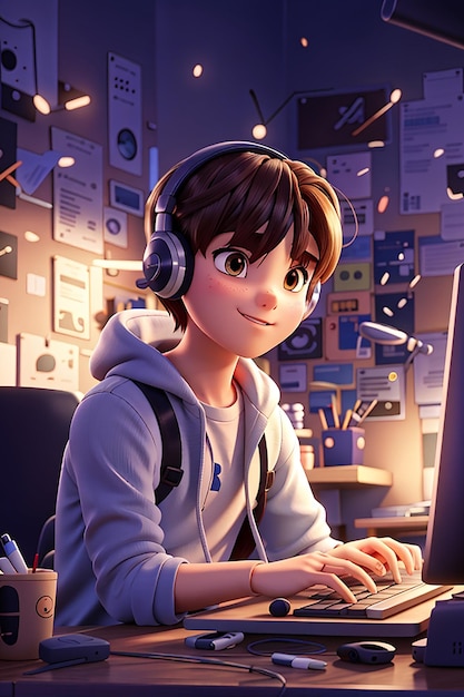 Menino ouvindo música na ilustração do personagem 3d do computador