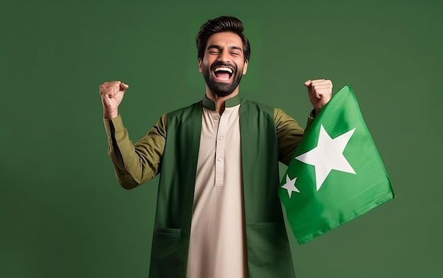 Menino paquistanês na celebração do dia do Paquistão em 14 de agosto com roupa de bandeira do Paquistão de cor verde