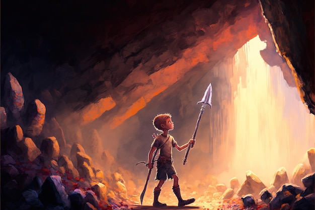 Menino parado na caverna Criança com lança parado em uma caverna cheia de muitos blocos de pedra futuristas ilustração do estilo de arte digital pintura