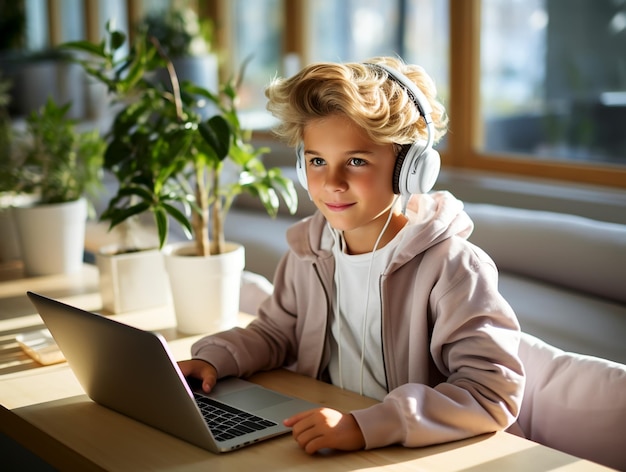 Menino passando tempo com notebook e tecnologia moderna