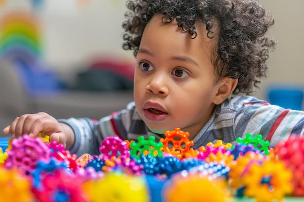 Foto menino pequeno com cabelos encaracolados brincando com brinquedos de plástico coloridos e entrelaçados com expressão focada e curiosa