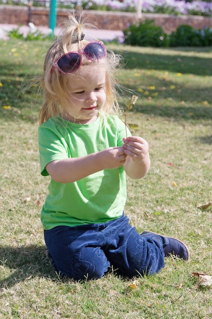 Menino pequeno ou criança bonita com rosto feliz e cabelo loiro em óculos de sol de camisa e calças sentado na grama verde brincando com folhas ensolaradas ao ar livre em fundo natural