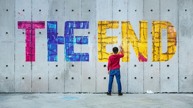 menino pintando uma enorme parede de concreto onde como eles continuam a pintar uma palavra é descoberta o En