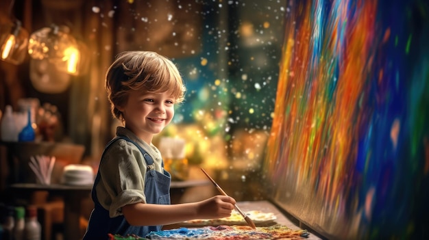 Menino pintor senta-se à mesa e desenha uma imagem em tela em um estúdio de arte brilhantes multicolores e fundo bokeh feliz atrativo menino artista pinta obra-prima imagem AI gerativa