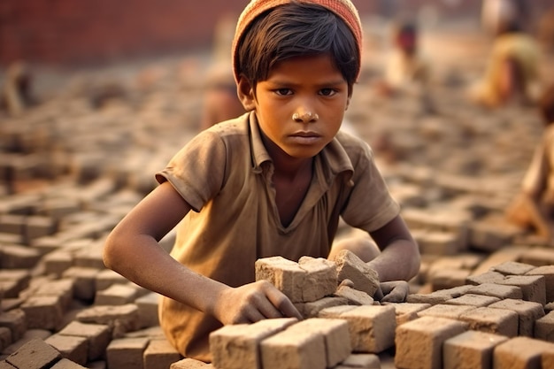 menino pobre coletando tijolos trabalho infantil generativo ai
