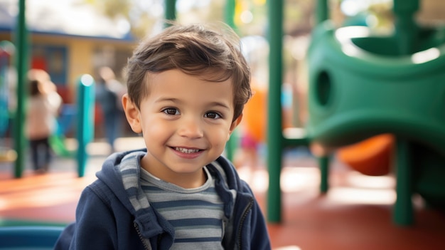 Menino pré-escolar brincando no playground do lado de fora