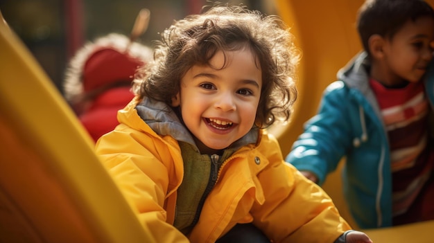 Menino pré-escolar brincando no playground do lado de fora