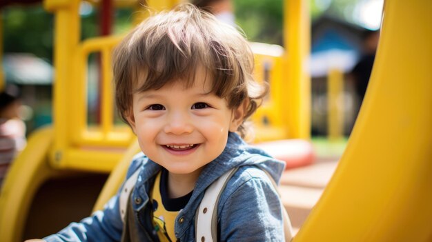 Menino pré-escolar jogando no playground do lado de fora