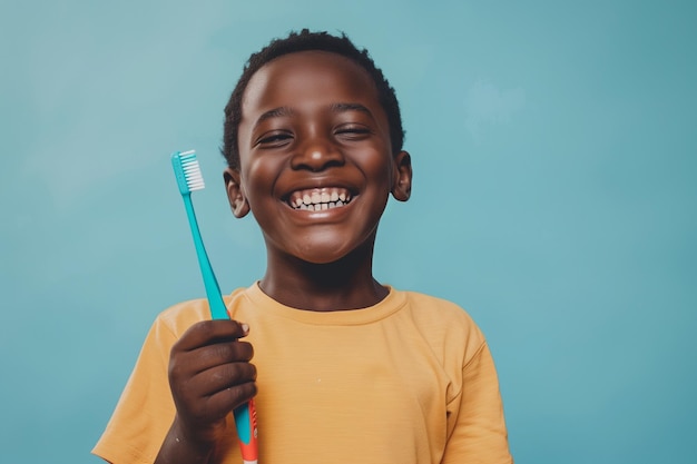 Menino preto com escova de dentes na mão em fundo azul claro