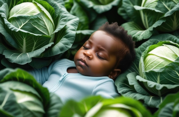 Foto menino preto em repolho bebê recém-nascido dormindo no jardim no chão cercado por vegetais