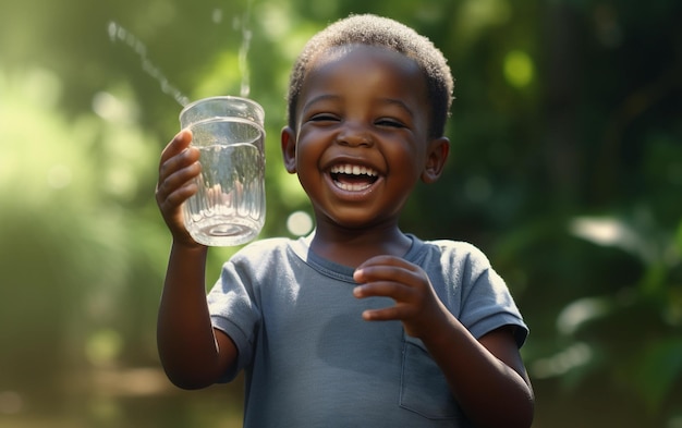 Foto menino preto rindo com um copo de água em uma aldeia africana pobre problema de escassez de água