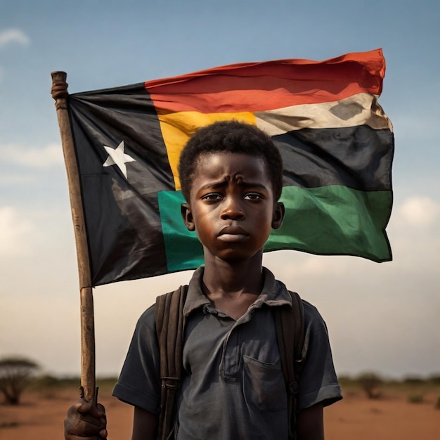 Foto menino preto triste segurando a bandeira africana gerada pela ia