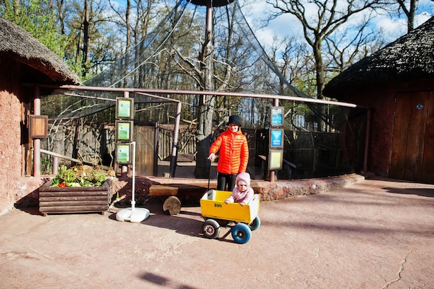 Menino puxa carrinho de madeira com irmã no zoológico