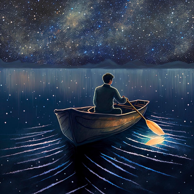 menino remando um barco no mar da noite estrelada com luz misteriosa, estilo de arte digital, ilustrar