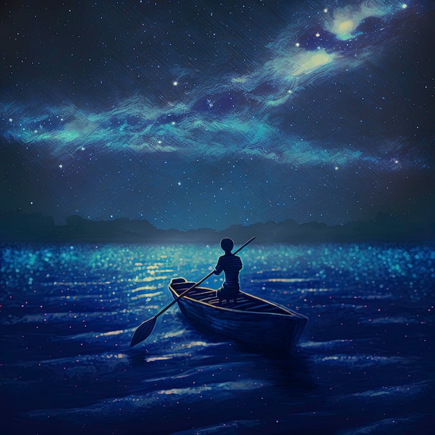 menino remando um barco no mar da noite estrelada com luz misteriosa, estilo de arte digital, ilustrar