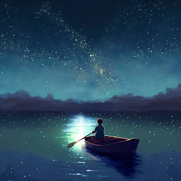 menino remando um barco no mar da noite estrelada com luz misteriosa, estilo de arte digital, ilustrar