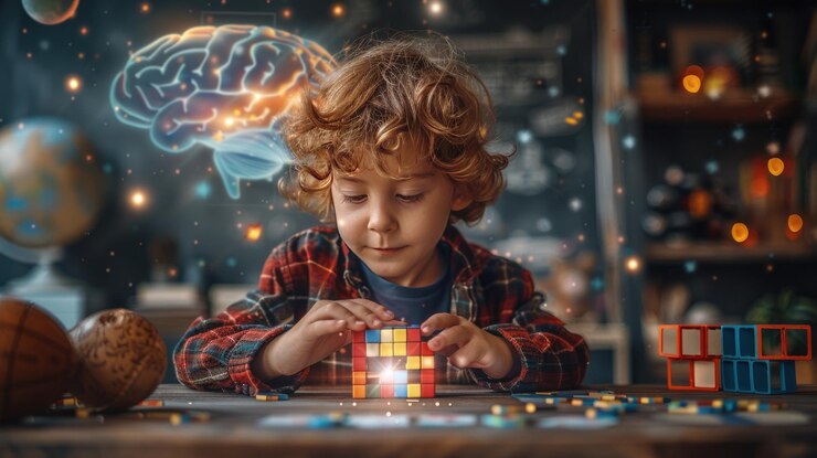 Foto menino resolvendo quebra-cabeça com cérebro ao fundo