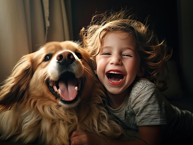 Menino rindo alto com seu cachorro em casa